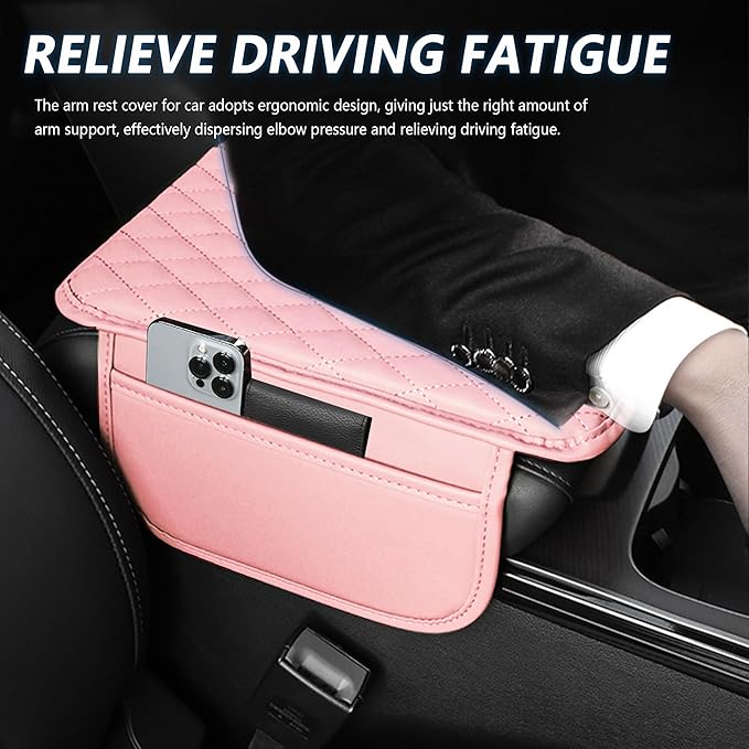 Upgraded Car Center Console Cover,Microfiber Leather Car Armrest Cover Cushion with 2 Storage Bags,Universal Cars Armrest Storage Box Cars Interior Accessories for Most Vehicles (Pink)