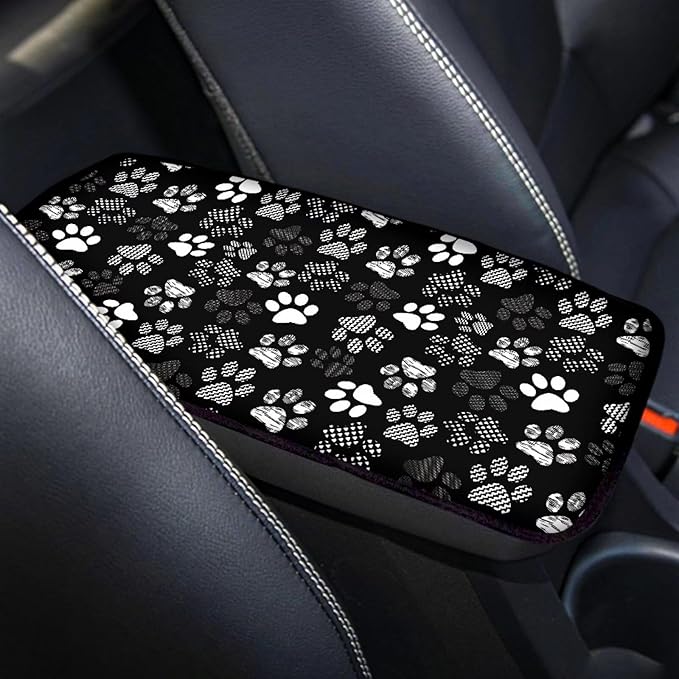 Dreaweet White Dog Paw Print Center Console Cover Cute Car Accessories for Women Soft Comfy Armrest Cover for Car Center Console Universal Arm Rest Cover for Car Truck SUV Sedan