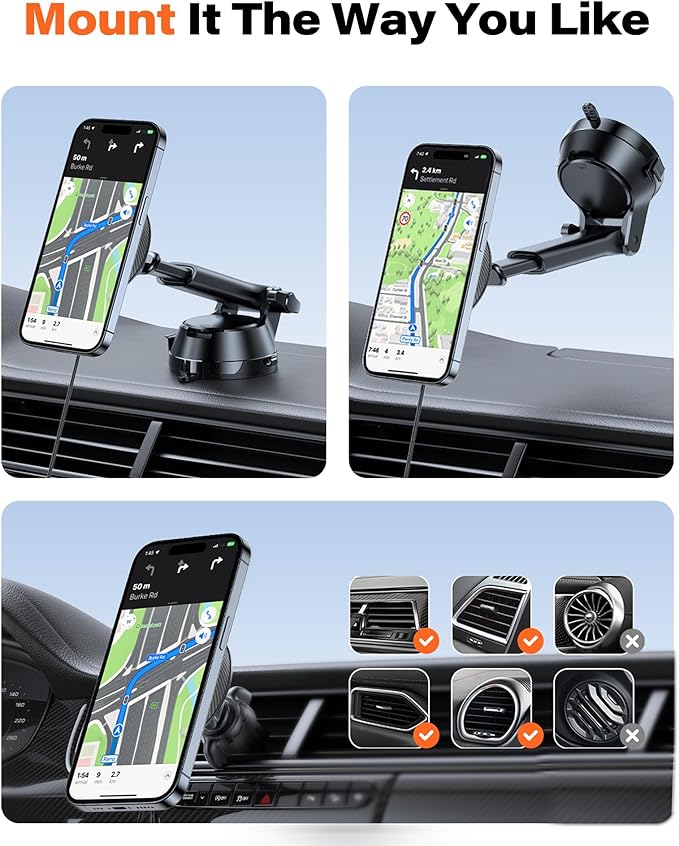 APPS2Car for 15W Car Mount Charger, for iPhone 16 Wireless Car Charger Magnetic Car Phone Holder Mount, Dashboard Windshield Vent for iPhone 16/15/14/13/12 Series, Compatible with MagSafe and Case