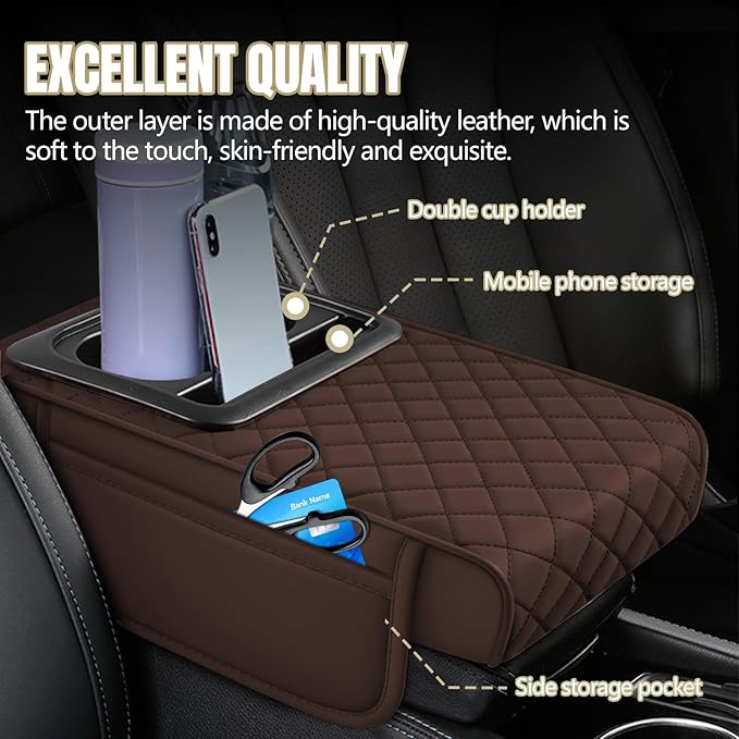 Hovom Car Center Console Cover, 13.39"×7.87"×2.76" Leather Armrest Cover for Cars, Memory Foam Armrest Pillow with Pocket, Cup Holder & Phone Slot, Universal Vehicle Arm Rest Cushion Pad (Coffee)