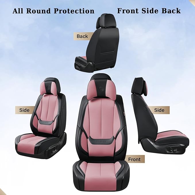 Coverado Universal Seat Covers Front, Universal Seat Covers for Cars, 2-Pack Waterproof Nappa Leather Car Seat Covers with Head Pillow, Auto Protectors Fit for Most Sedans Pick-up Truck-Black&Pink