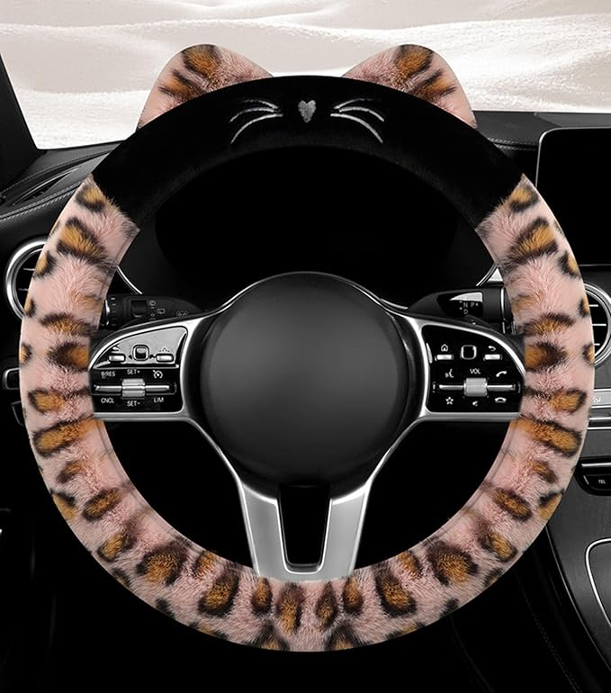 Dotesy 3D Ear Furry Cheetah Car Steering Wheel Cover Set Fluffy Faux Wool Steering Wheel Protector Leopard Anti-Slip Soft Warm Car Accessories for Women (Pink Brown)
