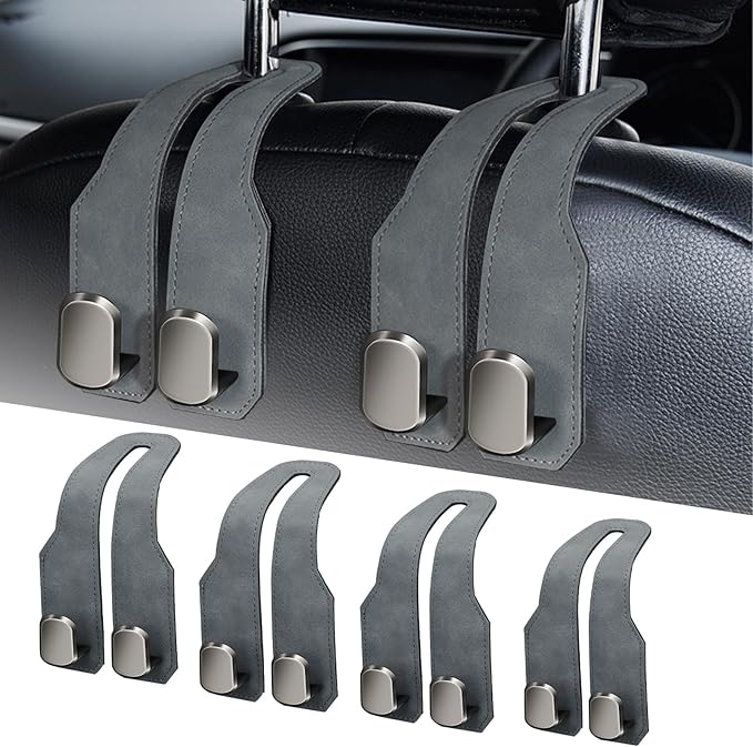 Car Seat Headrest Hooks for Purses and Bags, 4 Pack Bag Purse Holder for Car with Double Metal Hooks, Car Purse Hanger, Headrest Back Seat Handbags Hook Cute Hanging Accessories, Grey