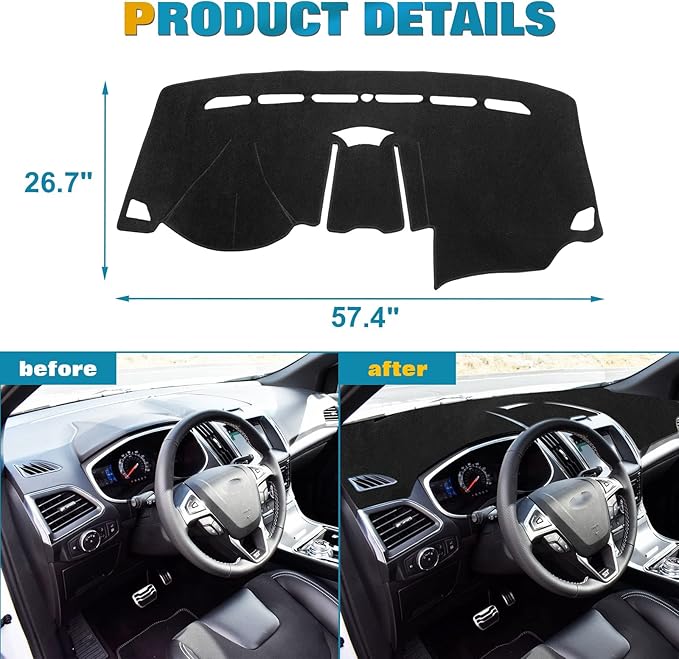x xotic tech Center Console Dashboard Mat Pre-Cut Non-Slip Sunshield Sun Glare Protector Dash Carpet Pad Black Cover Compatible with Ford Edge 2015 2016 2017 2018 2019 2020 2021 2022 2023 2024 2025