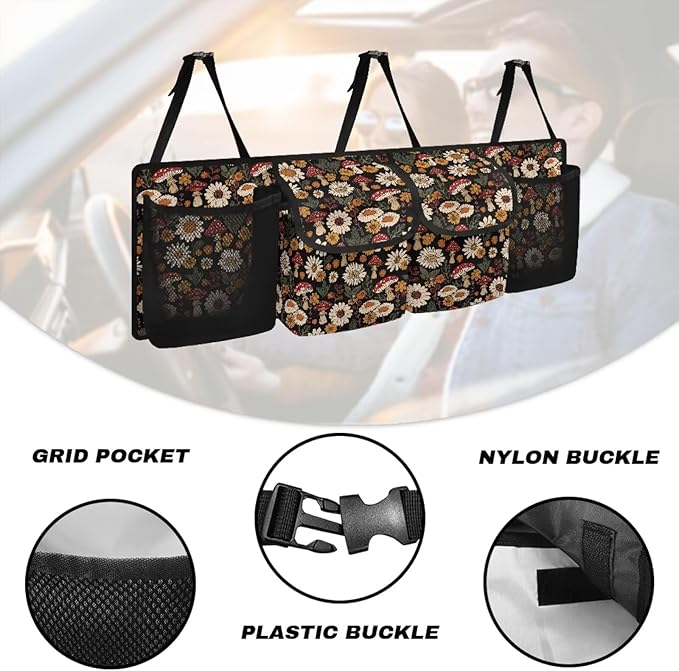 Mushroom Car Trunk Organizer Small Hanging, Daisy Car Organizer SUV Backseat Hanging Car Storage Organizer with Lids Collapsible Cargo Storage Bag