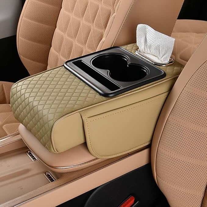 Car Armrest Cushion for SUV with Cup Holder 2.75" Height,5-in-1 Center Console Cover with 2 Storage Bags, Tissue Box Slot, Phone Slot for Sedans, Car Accessories Interior Organizers (Beige)