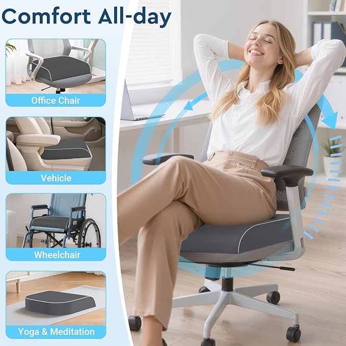 Seat Cushion, Memory Foam Office Chair Cushions for Long Sitting Hours, Chair Pad for Sciatica, Coccyx, Tailbone, Hip Pain & Pressure Relief, Office, Home, Car Seats, Airplane, Gray/Large