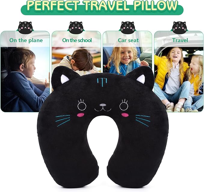 H HOMEWINS Travel Pillow for Kids,Cute Animal Neck Pillow for Boys Girls,Soft Neck Head Chin Support Pillow,Travel Accessories for Airplane, Car, Train,Recline (Black cat)