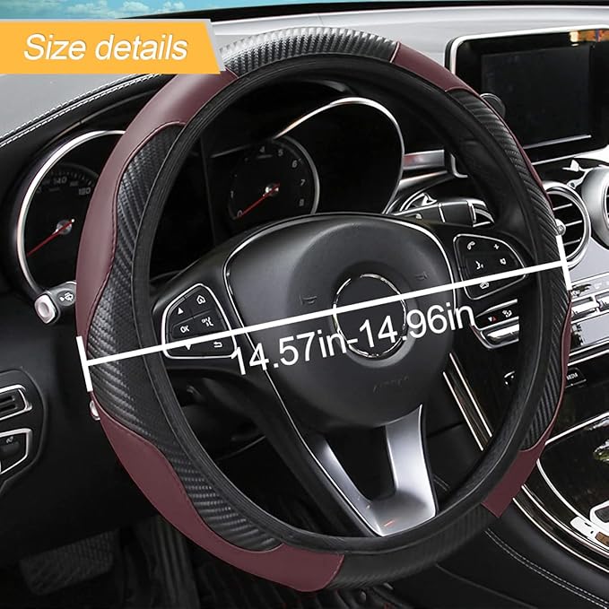 Car Steering Wheel Cover, Microfiber PU Leather Elastic Carbon Fiber Auto Steering Wheel Protector, 15 Inch Breathable Anti-Slip for Women Men, Car Interior Accessories for Most Cars (Black/Wine Red)