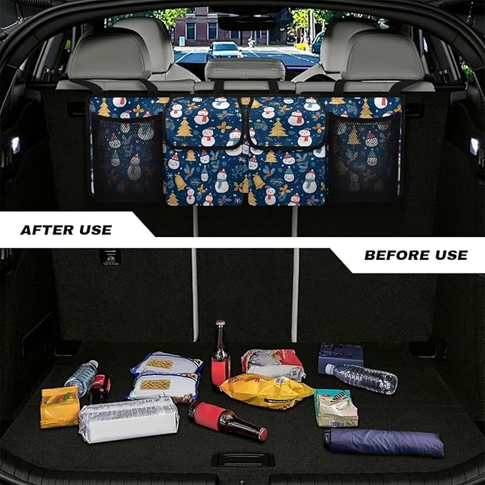 Car Trunk Organizer Hanging Cartoon Christmas Snowman Auto Back Seat Storage with 4 Pockets Car Interior Accessories for SUV MPV Hatchback Crossover Minivan Truck