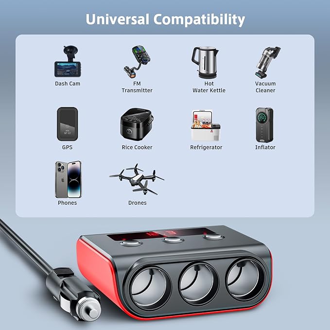 7 in 1 Cigarette Lighter Splitter, SONRU 3 Sockets Cigarette Lighter Splitter with 4 Fast Charging USB Ports, 120W 12V/24V DC Independent Power Switches & LED Voltage Display for All Car Devices