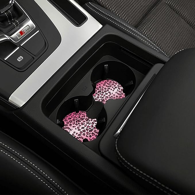 Pink Leopard Print Steering Wheel Cover Cheetah Animal Steering Wheel Cover Anti-Slip Breathable Universal for 15 Inch Car with 2 Pieces Car Coasters Suitable for Men Women