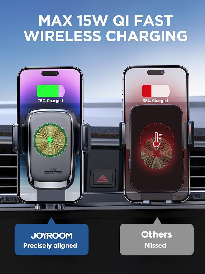 JOYROOM Wireless Car Charger, 15W Fast Charging Auto Clamping Car Phone Holder Charger, Phone Stand for Car Vent Phone Mount for iPhone 17/16/15 Pro Max Air, Galaxy S26/25 Ultra, Pixel 10 Pro and More