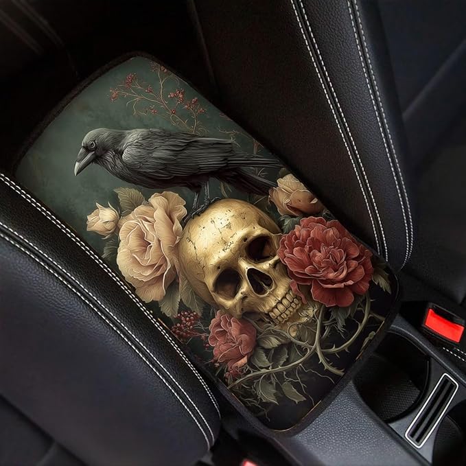 Skull Crow Print Center Console Pad Peony Print Armrest Cushion Cover for Cars Dust-Proof Decorative Armrest Seat Box Cover for Auto Interior