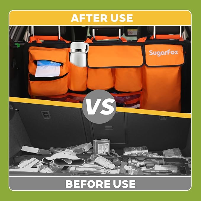 SugarFox Backseat Hanging Trunk Organizer for SUVs, Cars, Trucks & MPVs | Multi-Pocket Storage with Anti-Slip Straps | Space-Saving Auto Accessory for Men & Women | Orange, 37.8" x 18.1" - K230