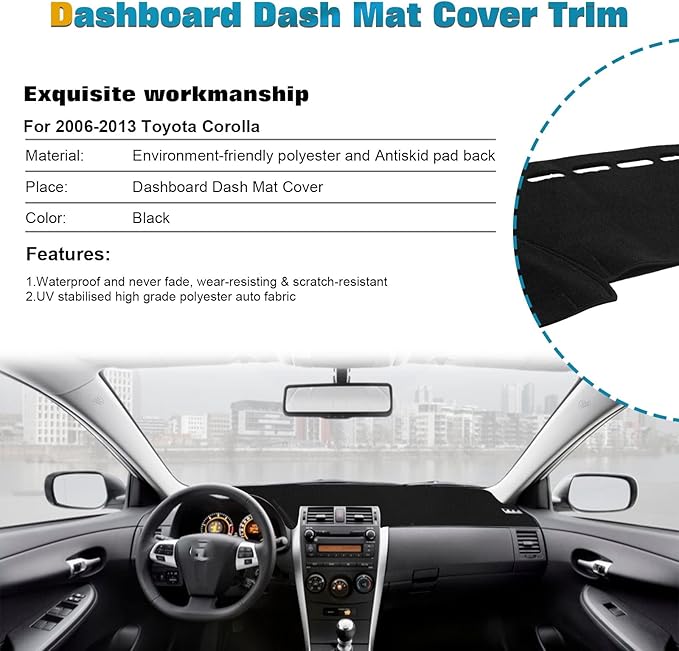x xotic tech Center Console Dashboard Mat Pre-Cut Non-Slip Sunshield Sun Glare Protector Dash Carpet Pad Black Cover Compatible with Toyota Corolla 2007-2013