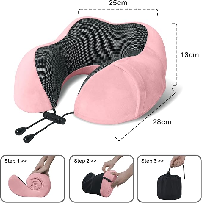 Travel Pillow, Memory Foam Neck Pillow for Traveling, U Shape Neck Pillow Airplane Portable Flight Pillow Travel Kit with 4D Contoured Eye Masks and Earplug for Plane Train Car Home Office - Pink