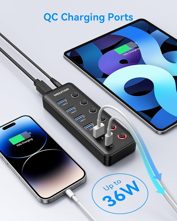 Powered USB 3.0 Hub, Wenter 6-Port USB Hub Splitter (4 Faster Data Transfer Ports+ 2Pcs 36W QC Charging Ports) with Individual LED On/Off Switches, USB Hub 3.0 Powered with Power Adapter