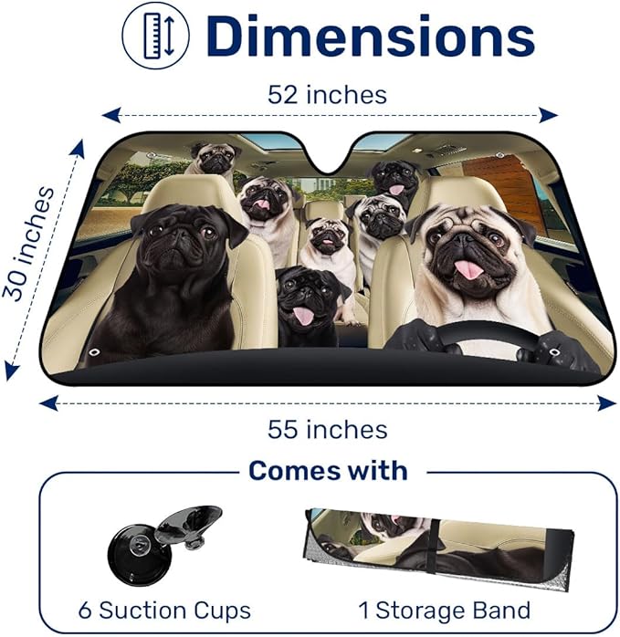 GENANY Cute Pug Dog Family Funny Windshield Sun Shade for Car SUV Truck (55x30 Inches), Sun Shade Windshield, Shades for Front Windows, Protector Blocks UV, Spring Car Decor