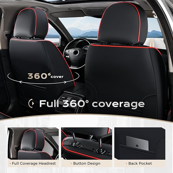 Coverado Car Seat Covers, Front Covers for Cars, Car Seat Cover Front Seats, Automotive Seat Cover, Waterproof, Leather Car Seat Cushion, Universal Interior Seat Protectors for Most Cars Black-Redline