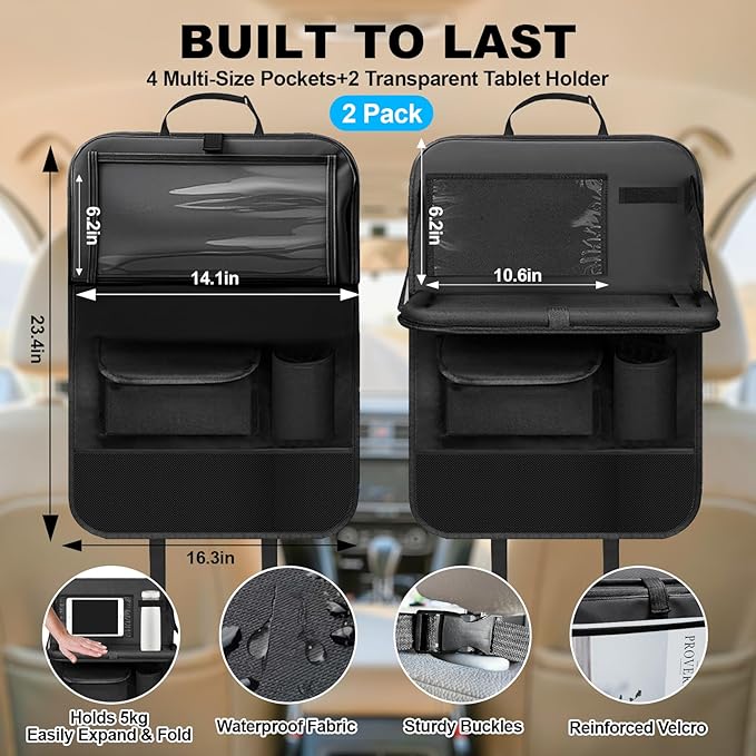 Car Backseat Organizer: Back Seat Storage Organizer for Kids with Tablet Holder, Heavy Duty Back Seat Protector with Foldable Table Tray, Kick Mats w/Pockets, Road Trip Essentials, 2 Count
