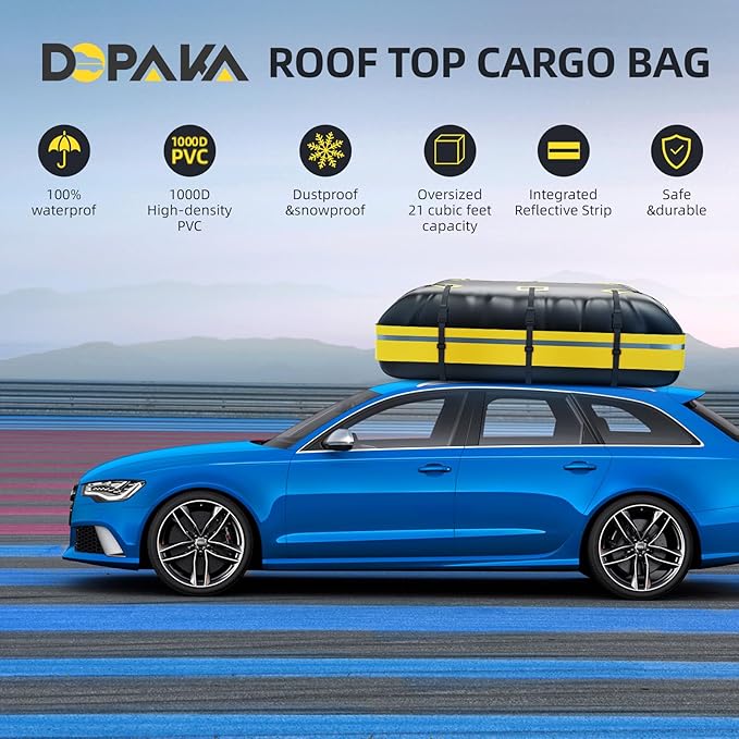 Car Rooftop Cargo Carrier Bag,100% Waterproof Heavy Duty 1000D Car Top Carrier,21 Cubic Feet Car Roof Bag for All Vehicle with/Without Rack,Anti-Tear Anti-Slip Mat, Luggage Lock,6 Door Hooks