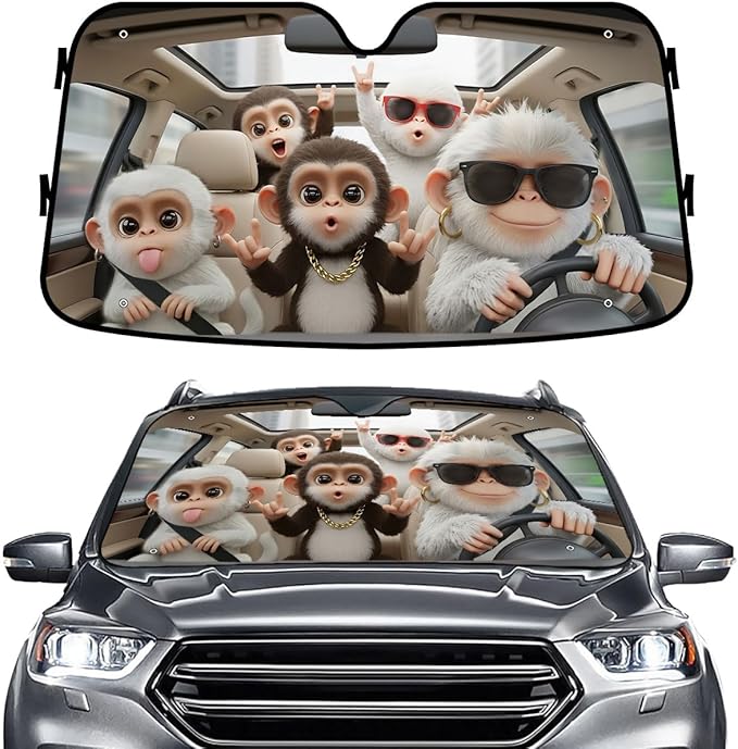 GENANY Monkey Windshield Sun Shade for Car SUV Truck (55x30 Inches), Front Window Visor for Windows, Protector Blocks UV