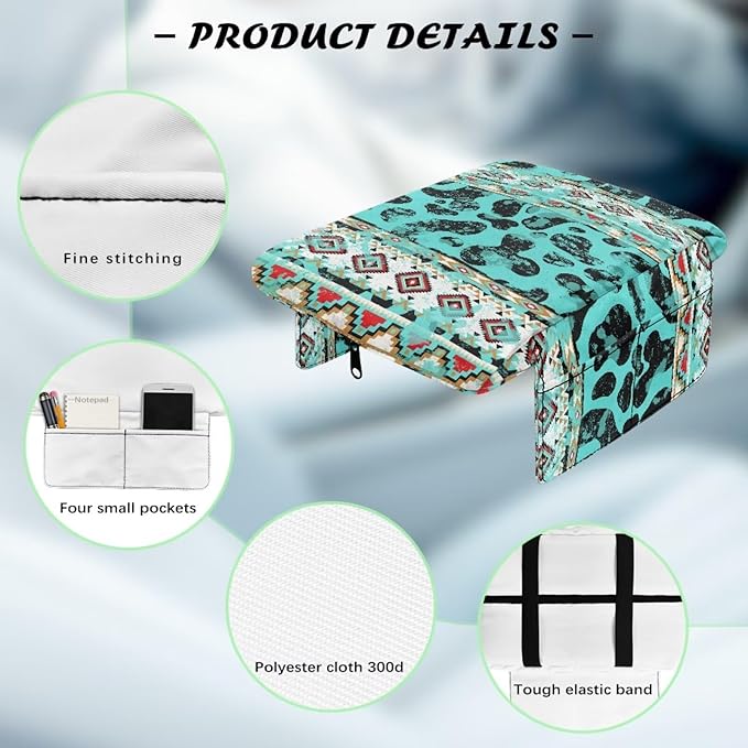 Wanyint Aztec Cow Print Teal Auto Center Console Armrest Cover Arm Rest Seat Box Protective Cover with Side Storage Pockets Comfortable Middle Console Pad for Car Side Storage Box