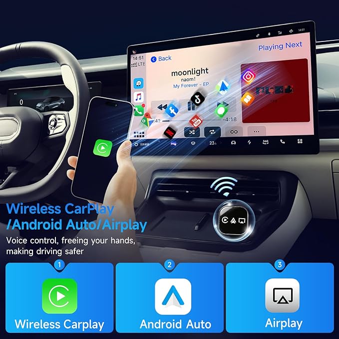 3 in 1 Mini Wireless CarPlay Adapter for iPhone,Carplay＆Android Auto＆Airplay(No Mirrorlink), iOS10+＆Android 11, Bluetooth 5.0,USB/Type-C,Plug & Play,5G-WiFi(Black)