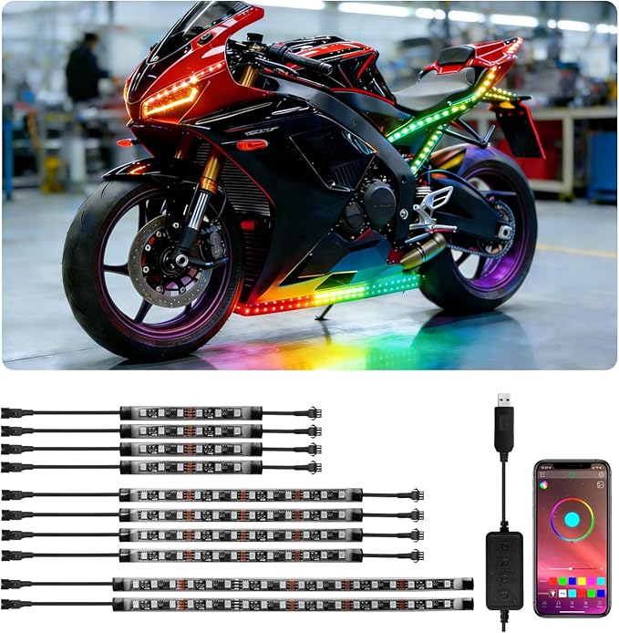 Motorcycle LED Underglow Kit, RGB LED Strips Waterproof Motorcycle Lights, Motorcycle Lights Underglow Kit with APP Control (10Pcs+APP+USB)