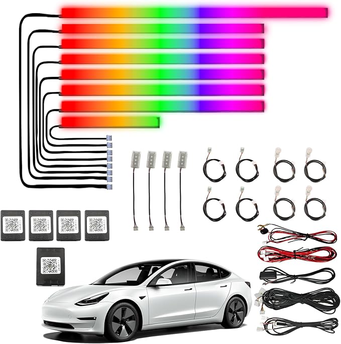 Car Interior Ambient Lights, RGB Neon Lighting for Tesla Model 3 2020,20 in 1 256 Colorful LED Acrylic Fiber Optic Strip,Multiple ModesDecoration Atmosphere with Music