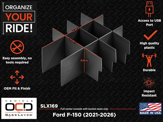 Vehicle OCD - Center Console Organizer for Ford F150 (2021-2026) (Full Console w/Bucket Seats ONLY) - Made in USA - Select 2024-2026 Models - SLX169
