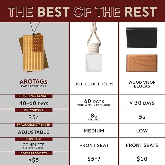 Arotags Wooden Car Air Freshener - Surfside Mist - 45+ Day Long Lasting with Under Seat Scent Core - Handmade in USA - Natural Wood Diffuser for Cars Trucks SUVs