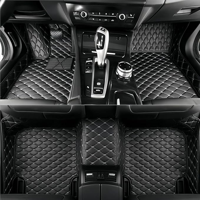 Yaruicar Custom Personalized Floor Mats for Cars Luxury Full Coverage All Car Floor Mats Anti-Slip Leather Car Mat Set Trucks & SUVs Trucks Automotive Floor Mats Liners (Black Beige)