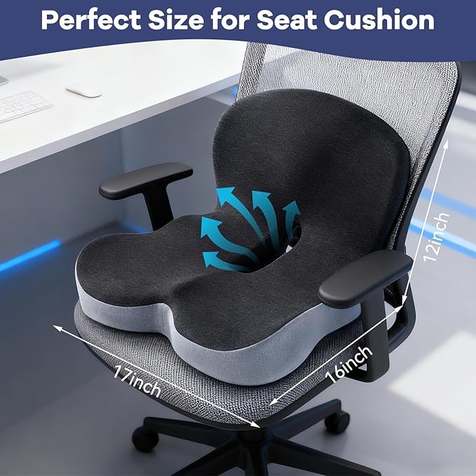 Ergonomic Seat Cushion for Office Chair & Car - Memory Foam Car Cushions for Driving with L-Shaped, Non-Slip Bottom - Orthopedic Pad for Truck Driver (Dark Grey)