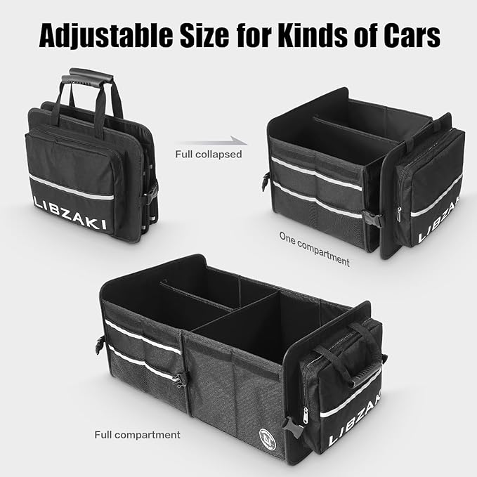 LIBZAKI Car Trunk Storage Organizer, Multi Compartment Collapsible Trunk Storage Box for Car Truck SUV-Black