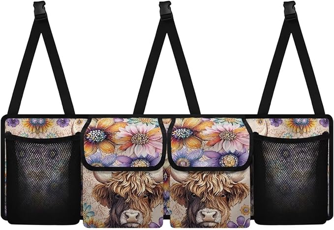 Floral Highland Cow Car Trunk Organizer Sturdy Trunk Hanging Storage Bag with 4 Compartments Backseat Car Organizer for SUV,Truck,Van