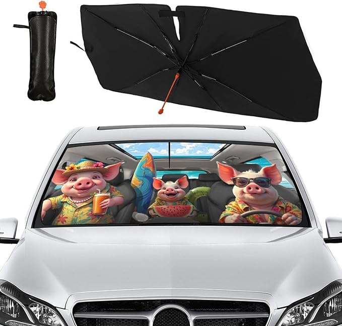 Socira Funny Pig Car Windshield Sunshade Umbrella Foldable Umbrella Sun Shade Windshield Cover Cute Pig Sunshade Car Accessories Blocks Uv Rays Keeps Cool (57" X 30")