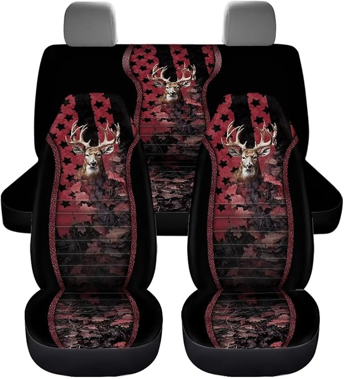 KEIAHUAN Universal Front and Bench Seat Covers American Flag Camo Deer Hunting Car Seat Cover Auto Accessories for Most Sedans,SUVs,Truck,Vans