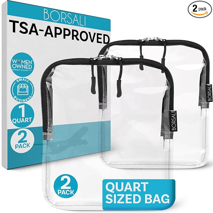 BORSALI TSA Approved Toiletry Bag - Clear Quart Size for 3-1-1 LIquids for Carry On Travel - Toiletries Organizer - Cosmetic Pouch with Zipper - Travel Accessories - 2 Pack