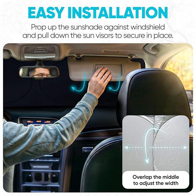 FORTEM Car Sun Shade for Windshield, Reflective Windshield Sunshade, 240T Polyester, Automotive Interior Sun Protection, Ultimate Heat and UV Shield, Foldable, Storage Bag