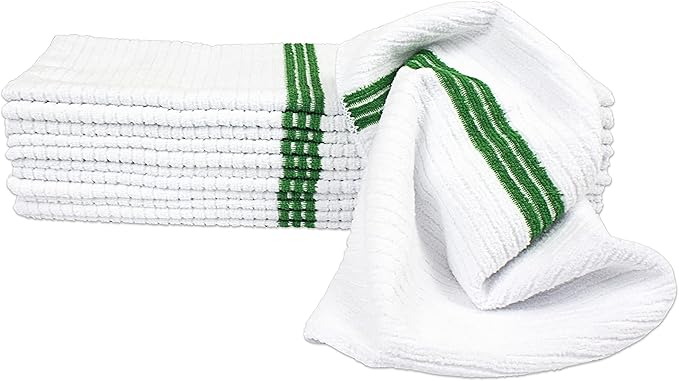 Nouvelle Legende Ribbed Microfiber Bar Mop Towels, Super Absorbent, Cleaning & Drying Cloths, Lint-Free, Streak-Free for Kitchen, Home & Auto, 14x18 Inch, 12-Pack, Green Stripe