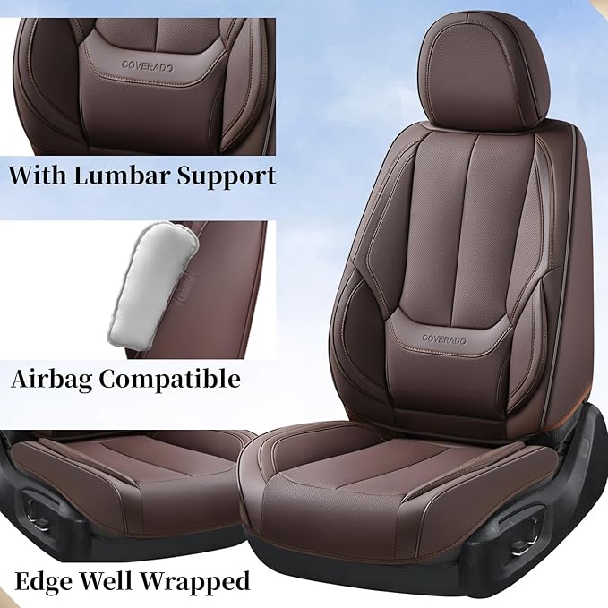 Coverado Seat Covers, Car Seat Covers Front Seats, Car Seat Cover, Car Seat Protector Waterproof, Car Seat Cushion Nappa Leather, Brown Seat Covers Carseat Cover Universal Fit for Most Cars