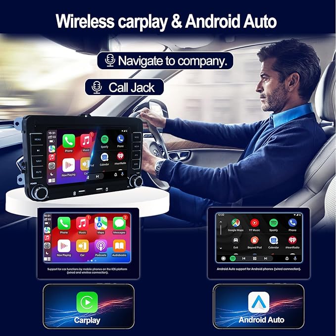 4G+64G Android13 7 Inch IPS Screen Wireless Apple CarPlay Android Auto Car Stereo for VW Jetta Seat Passat Tiguan CC Golf Skoda Radio with FM AM RDS BT GPS WiFi SWC Backup Camera MIC