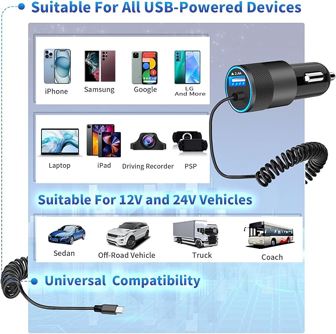 【Apple MFi Certified】iPhone 17 Car Charger Fast Charging, Caiinei 4.8A USB Power Cigarette Lighter USB C Car Charger + 6FT Type C Coiled Cord for iPhone 17/17 Air/17 Pro Max/16/15/Galaxy S25/S24/Pixel