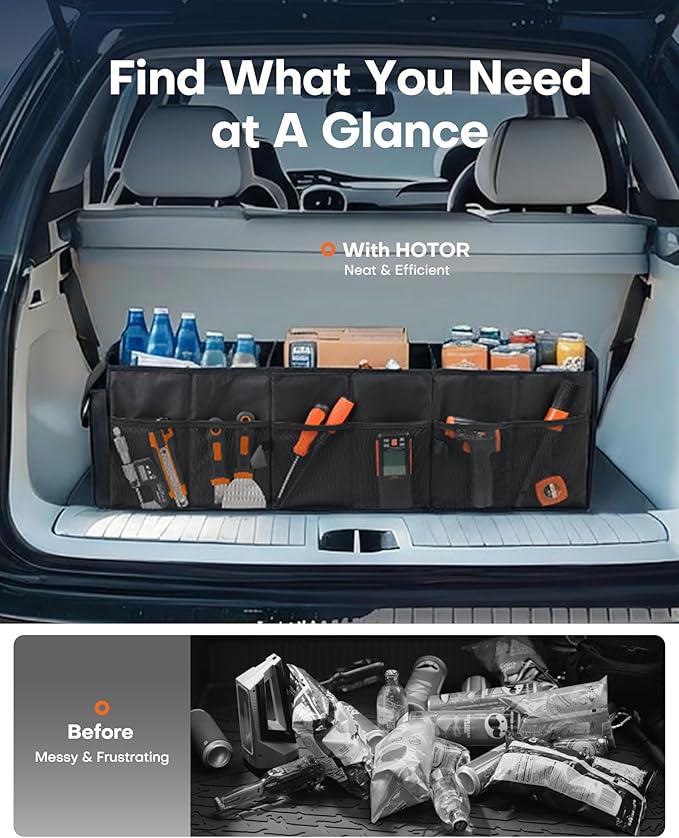 HOTOR Trunk Organizer for Car - Car Organizer, Foldable Trunk organizer for SUVs & Sedans, Sturdy Organization for Car Accessories, Tools, Sundries, Black, 3 Compartments, 31.9"×12.6"×10.6"
