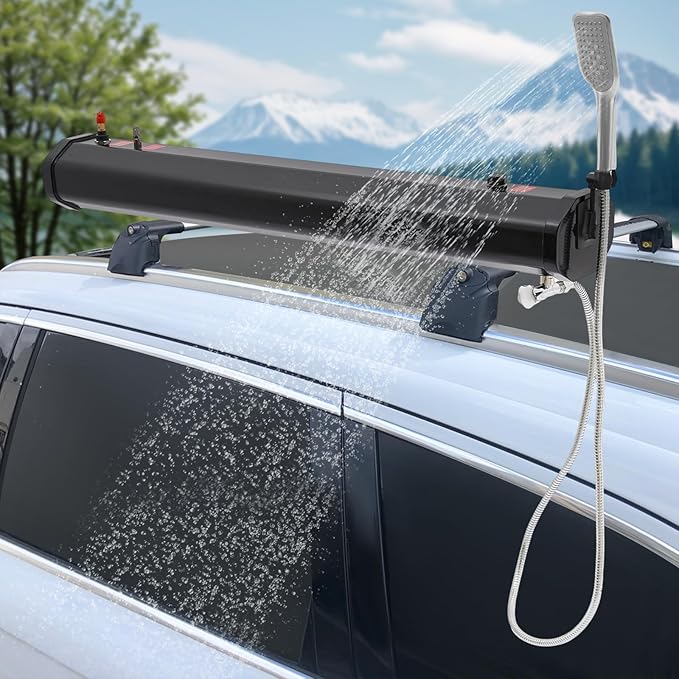 Portable Water Tank for Camping, 18L/4.76gal Self-Pressurized Water Tank, Roof Rack Mount Road Shower with Shower Head and Storage Bag, Car Camping Shower for SUVs, Sedans, RVs, Trucks