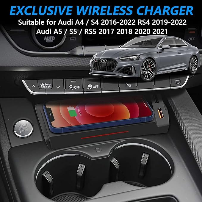 Wireless Car Charger for Audi A4 S4 RS4 A5 S5 RS5 2017-2022, 15W Qi Fast Charging Phone Charger Center Console for Audi B9 A4 A5 Sedan/Allroad/Quattro/Coupe/Sportback/Cabriolet Accessory