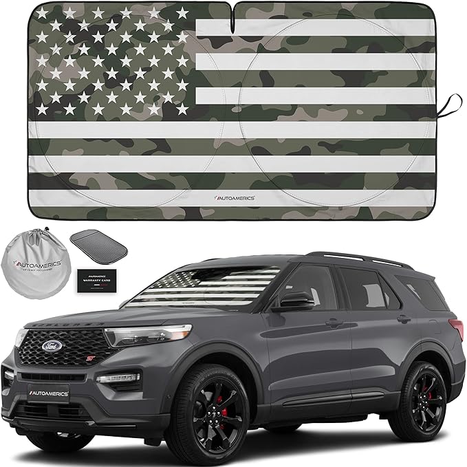 Autoamerics 1-Piece Windshield Sun Shade Green Camo American Flag USA Design - Foldable Car Front Window Sunshade for Most Sedans SUV Truck - Blocks Max UV Rays and Keeps Your Vehicle Cool - Medium
