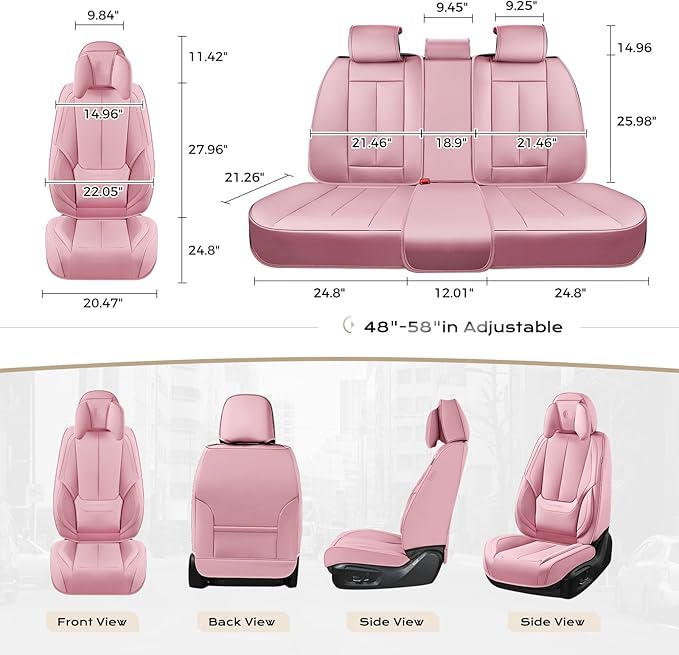 Coverado Seat Covers Full Set, 5 Seats Seat Covers for Cars, Waterproof Nappa Leather Car Seat Covers with Head Pillow, Seat Protectors Car Seat Cushion Universal Fit for Most Cars (Pink)